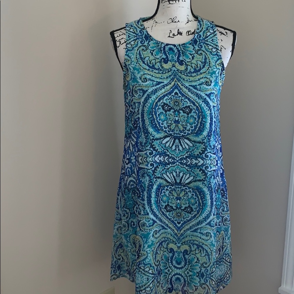 Retro Mod vibe sleeveless blue green dress 6